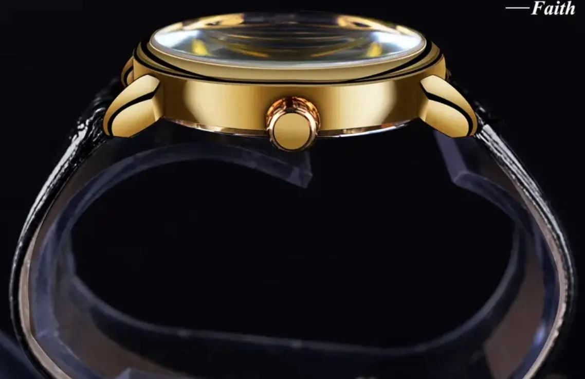 Men's Hollow Black Golden Case Skeleton Mechanical Watch Forsining
