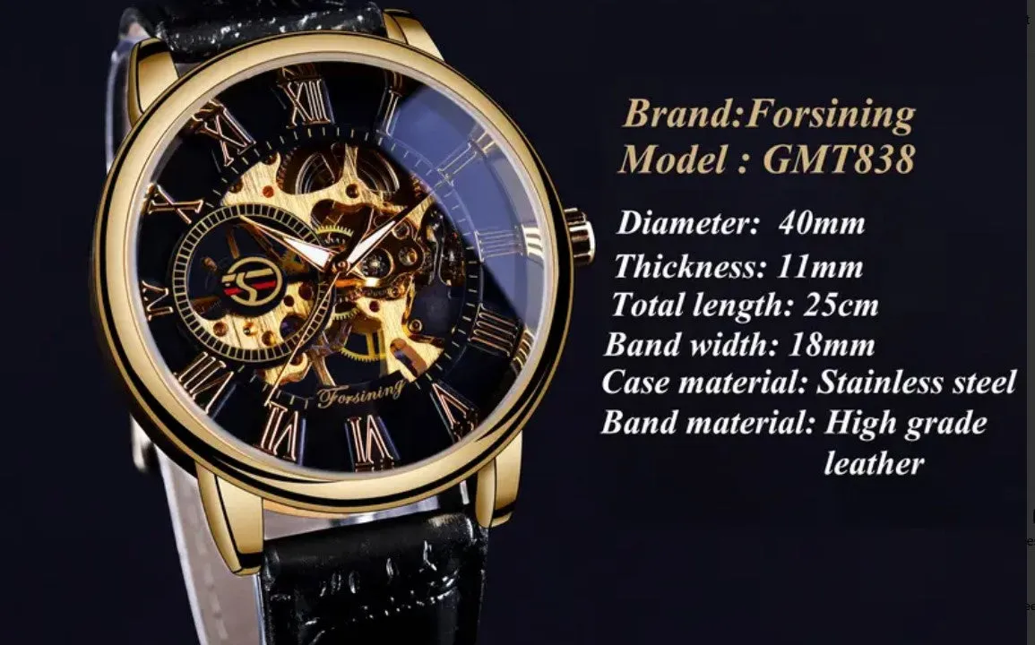 Men's Hollow Black Golden Case Skeleton Mechanical Watch Forsining