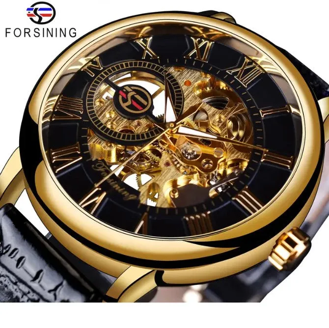 Men's Hollow Black Golden Case Skeleton Mechanical Watch Forsining