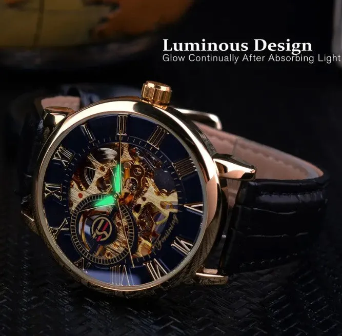 Men's Hollow Black Golden Case Skeleton Mechanical Watch Forsining