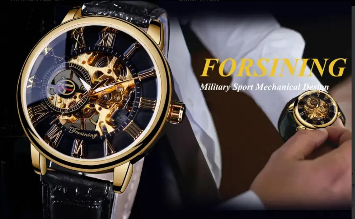 Men's Hollow Black Golden Case Skeleton Mechanical Watch Forsining