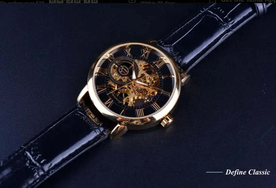 Men's Hollow Black Golden Case Skeleton Mechanical Watch Forsining