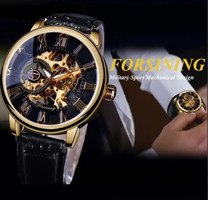 Men's Hollow Black Golden Case Skeleton Mechanical Watch Forsining
