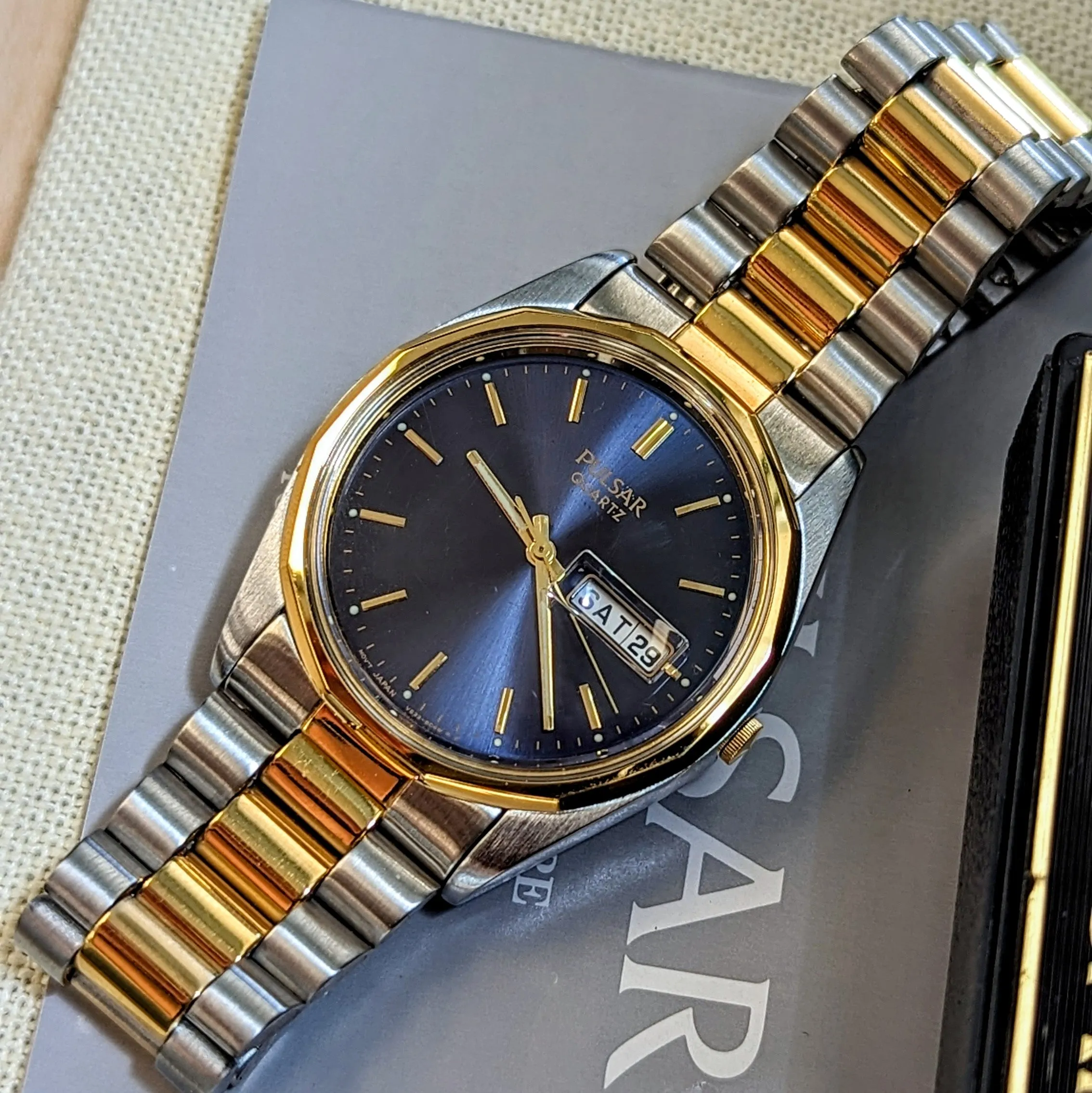 NOS PULSAR Quartz Watch Ref. PPX108 Day/Date Two-Tone Case & Bracelet Wristwatch Box & Papers!