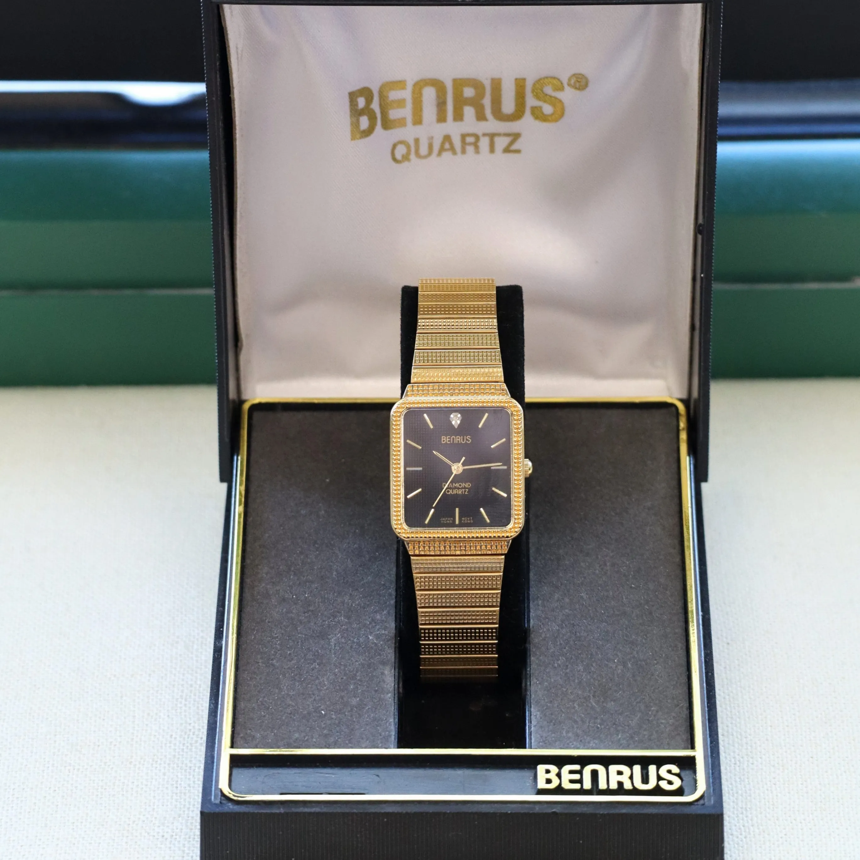 NOS Vintage BENRUS Diamond Quartz Watch Tank Case - ALL Original In BOX!