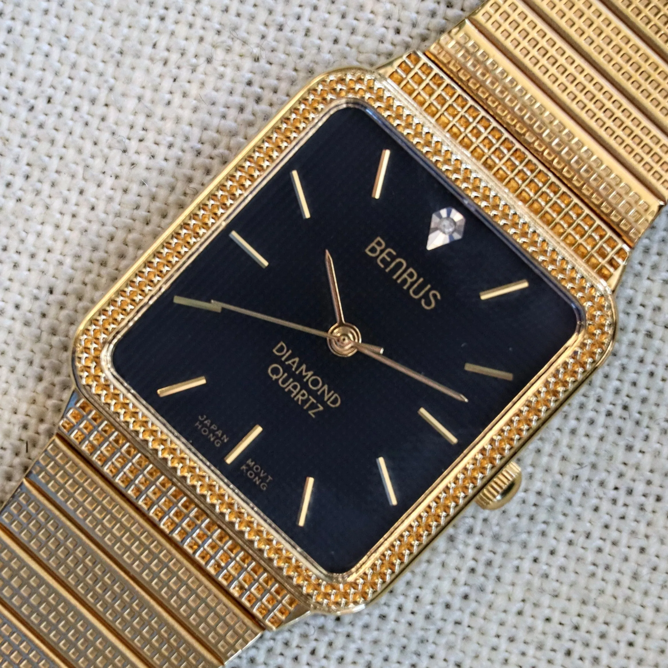 NOS Vintage BENRUS Diamond Quartz Watch Tank Case - ALL Original In BOX!