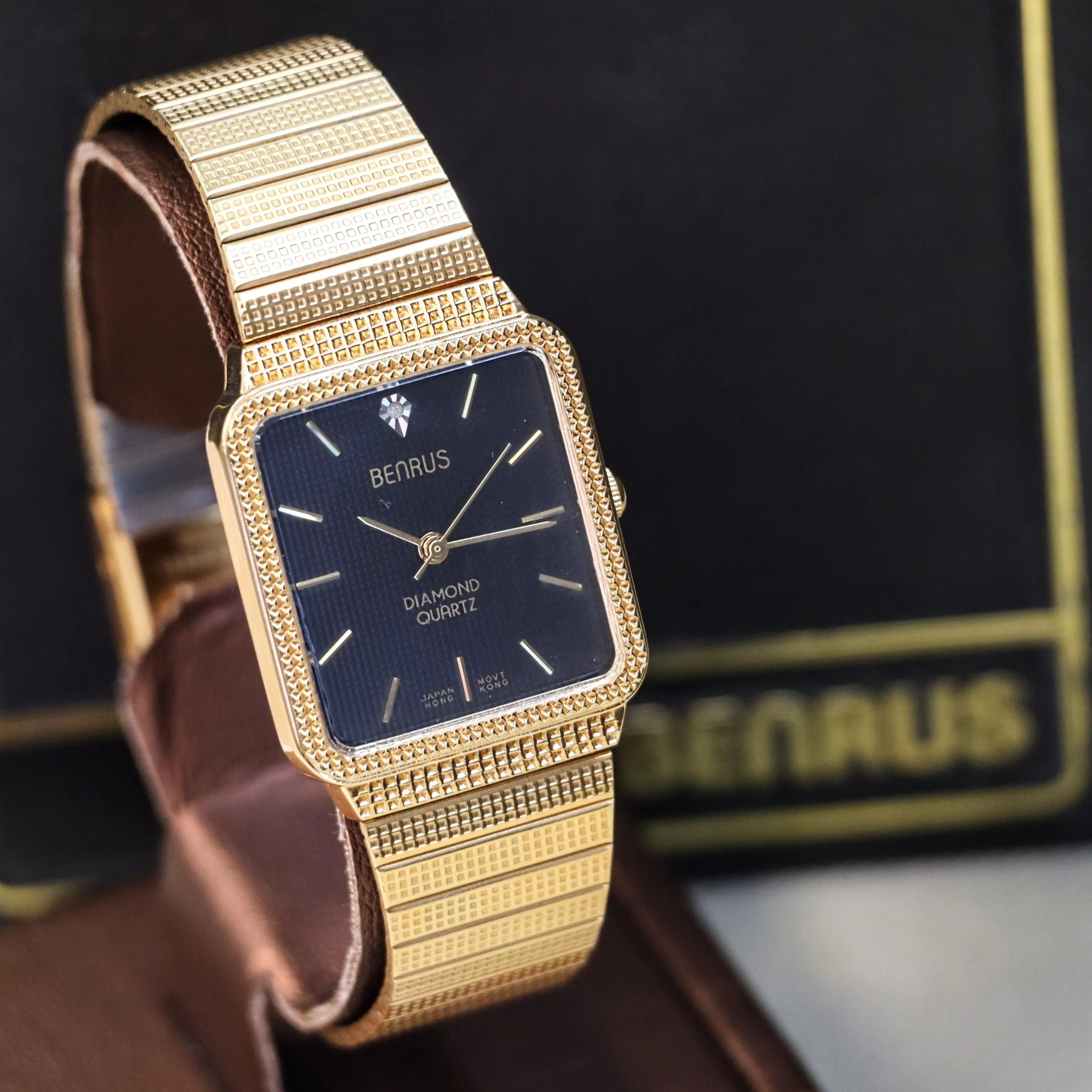 NOS Vintage BENRUS Diamond Quartz Watch Tank Case - ALL Original In BOX!