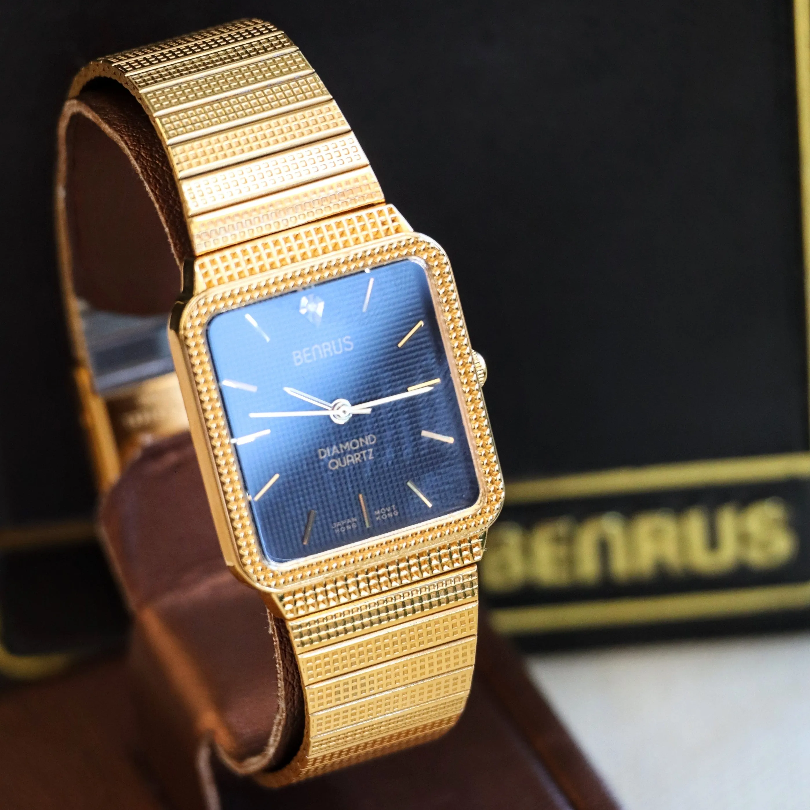 NOS Vintage BENRUS Diamond Quartz Watch Tank Case - ALL Original In BOX!