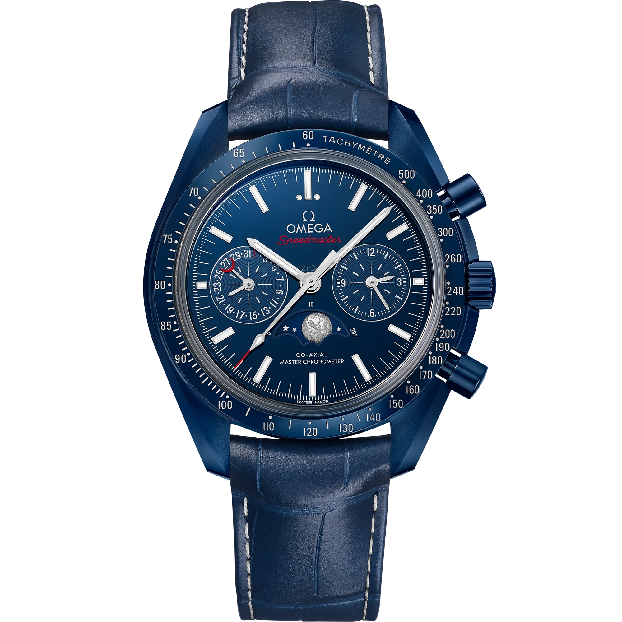 Omega Speedmaster Moonphase 44.25 mm, blue ceramic on leather strap
