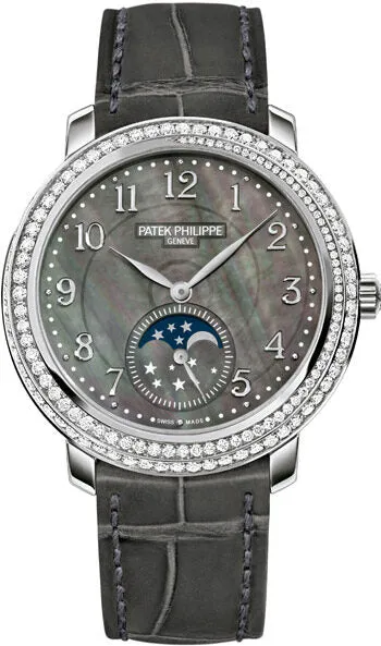 Patek Philippe Complications Black Mother of Pearl Dial Diamond Bezel 18kt White Gold Leather Ladies Watch 4968G-001
