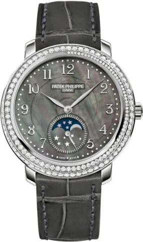 Patek Philippe Complications Black Mother of Pearl Dial Diamond Bezel 18kt White Gold Leather Ladies Watch 4968G-001