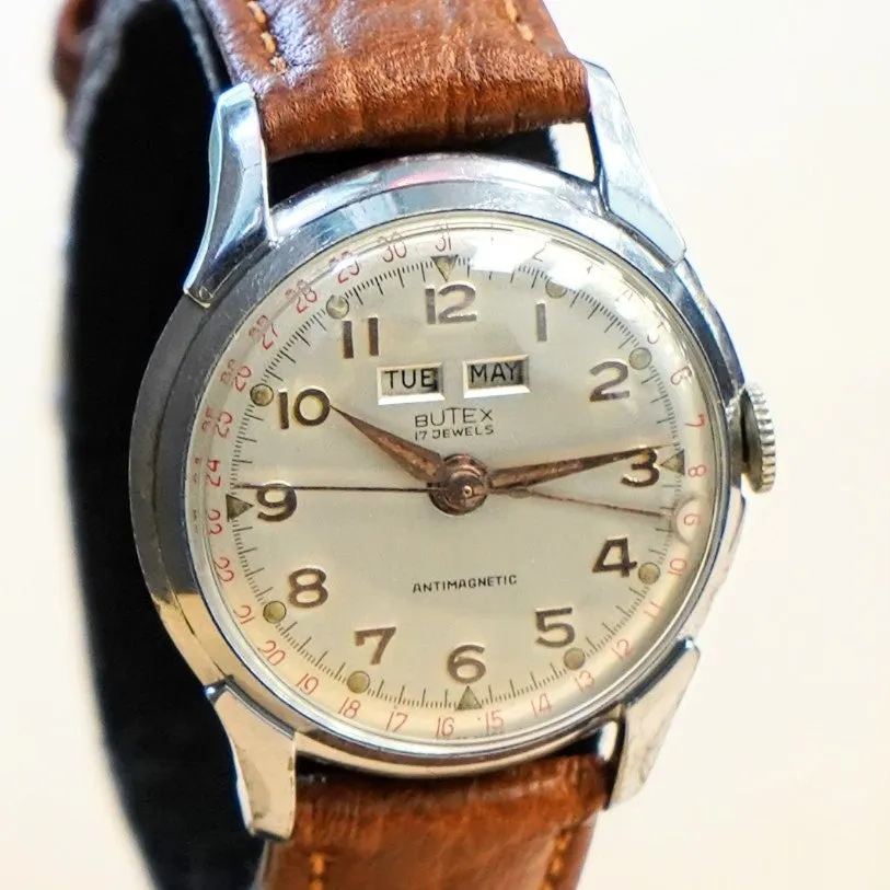 RARE! Vintage BUTEX 17 Jewels Watch Triple Calendar Month Day/Date 32mm Wristwatch