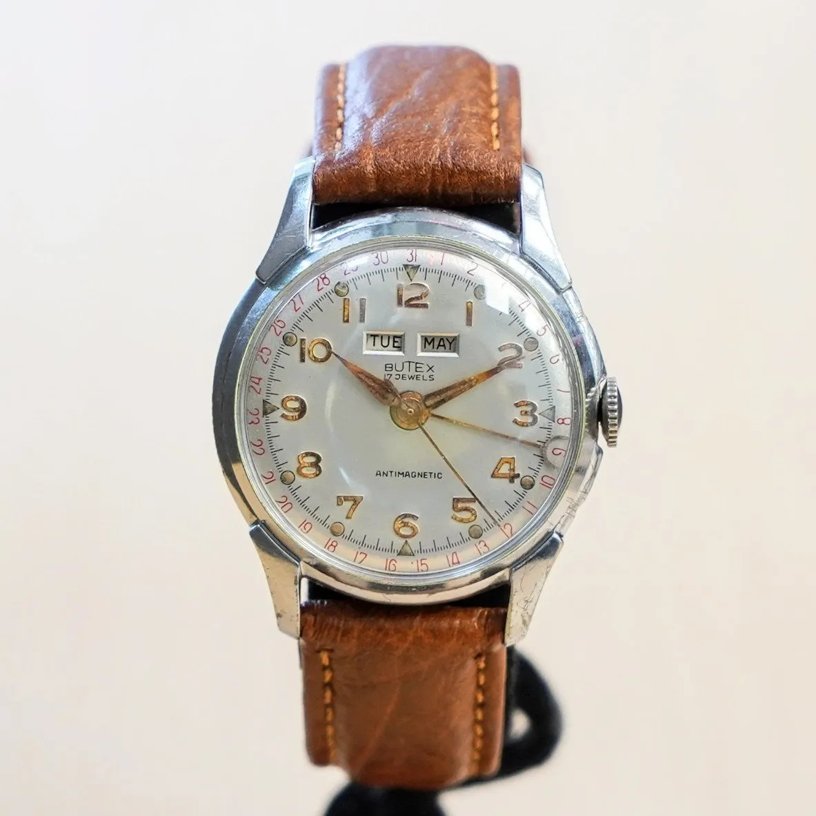 RARE! Vintage BUTEX 17 Jewels Watch Triple Calendar Month Day/Date 32mm Wristwatch