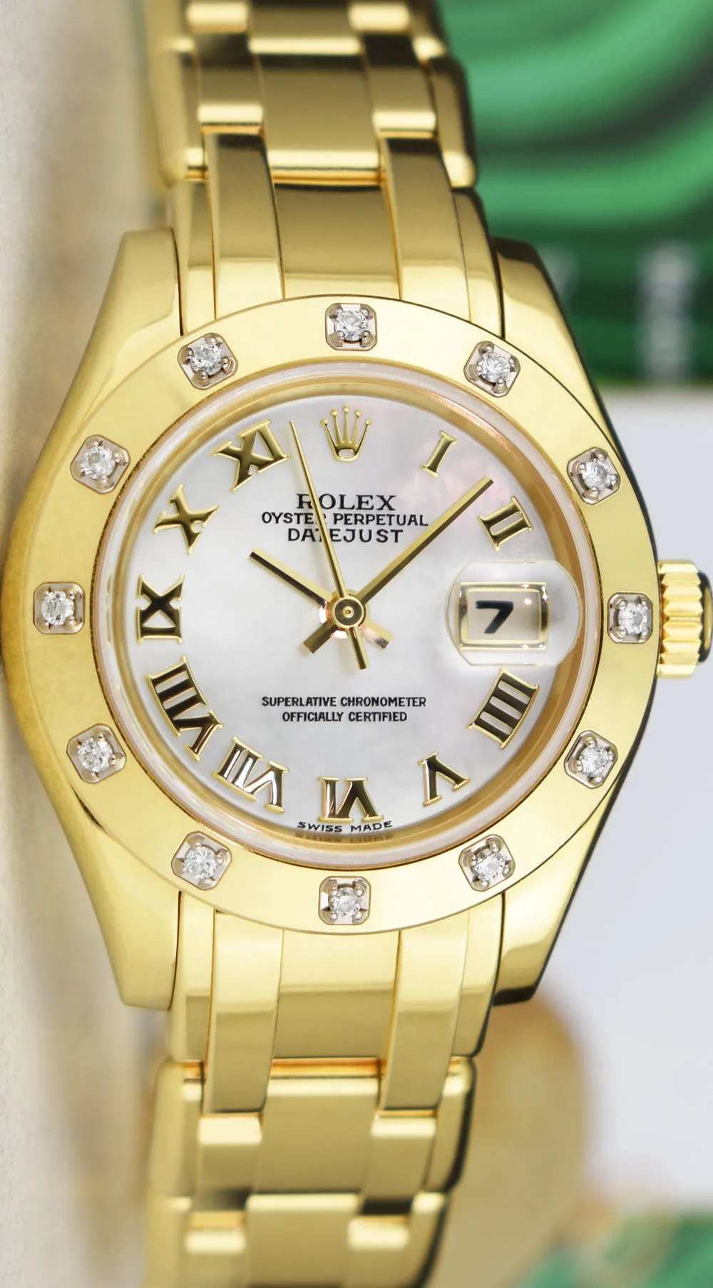 ROLEX 18kt Gold Pearlmaster Masterpiece Mother of Pearl Roman with Papers Model 80318