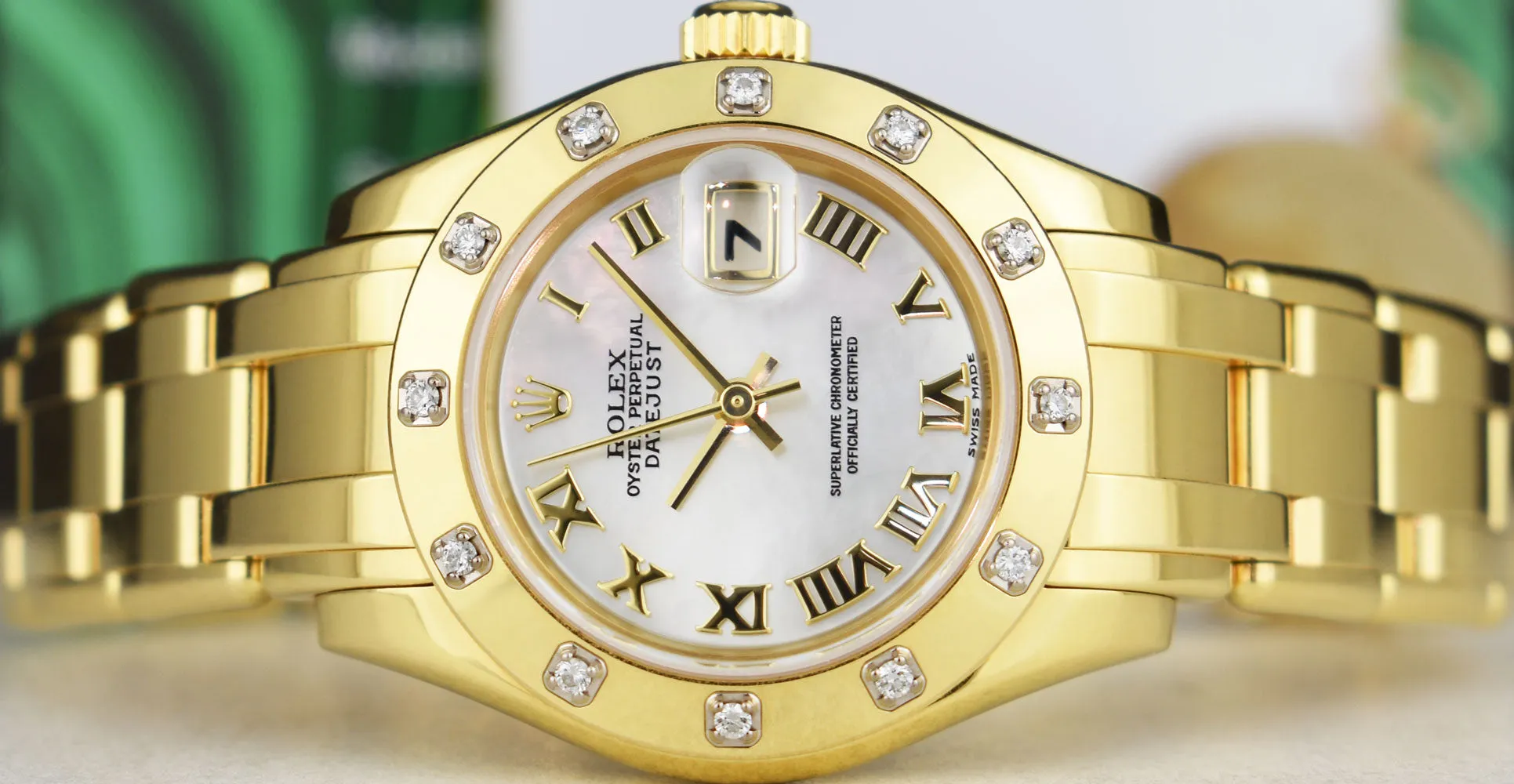 ROLEX 18kt Gold Pearlmaster Masterpiece Mother of Pearl Roman with Papers Model 80318