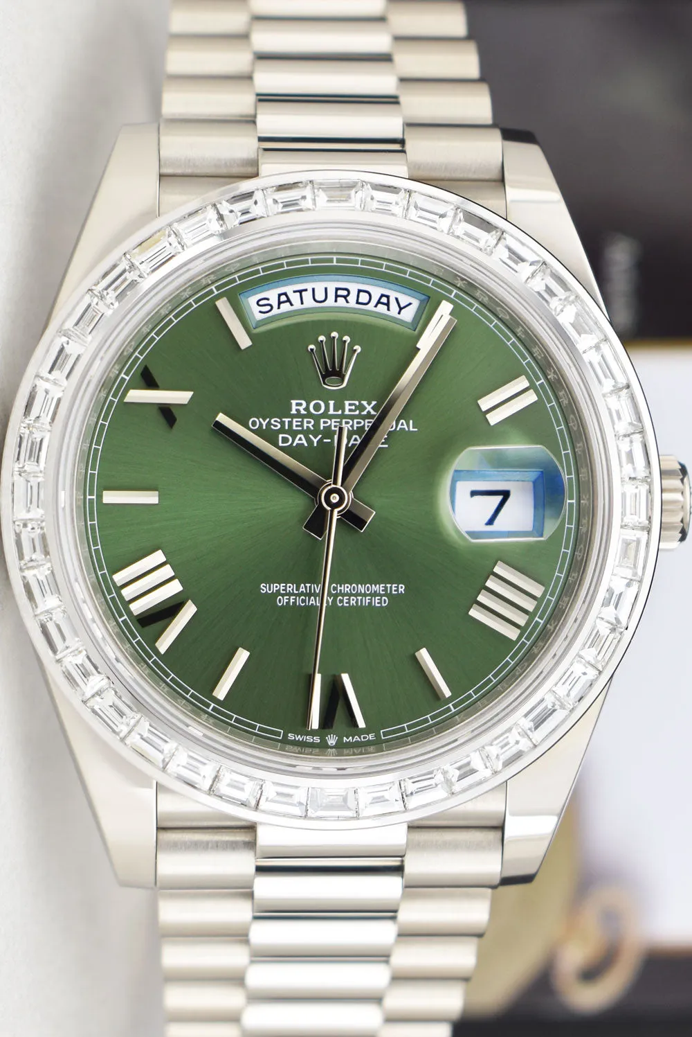 ROLEX 18kt White Gold Day Date 40 President Green Roman Dial Baguette Diamond Bezel Model 228239