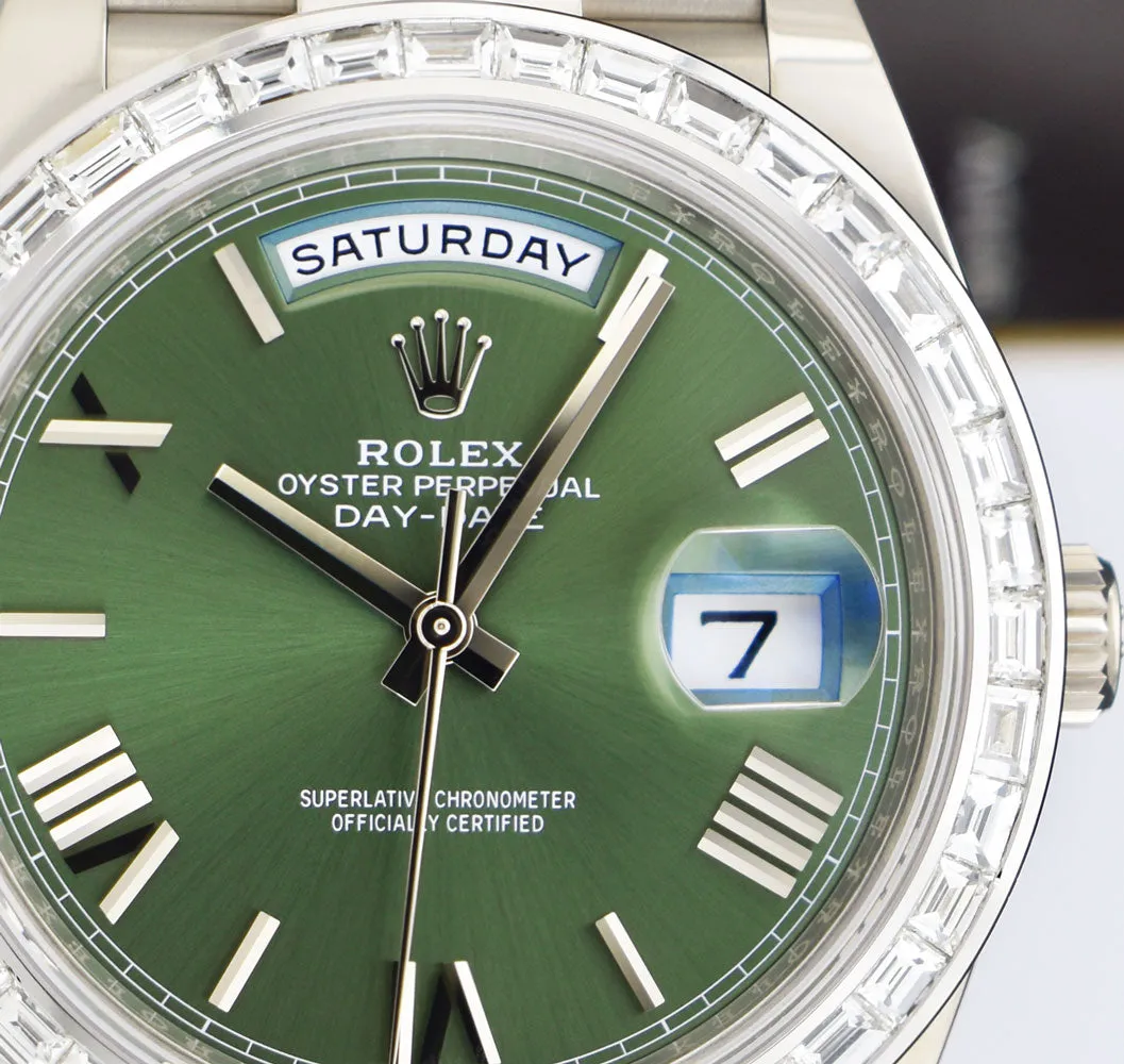 ROLEX 18kt White Gold Day Date 40 President Green Roman Dial Baguette Diamond Bezel Model 228239
