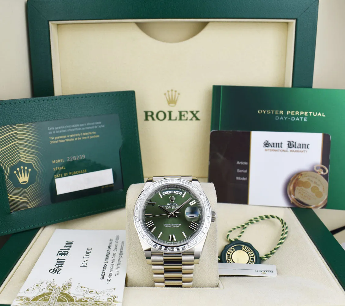 ROLEX 18kt White Gold Day Date 40 President Green Roman Dial Baguette Diamond Bezel Model 228239