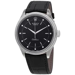 Rolex Cellini Time Black Diamond Dial Automatic Men's Leather Watch 50609BKDL