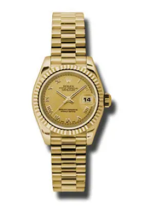 Rolex Lady Datejust Champagne Roman Dial 18k Yellow Gold Case and Bezel President Bracelet Watch 179178CRP