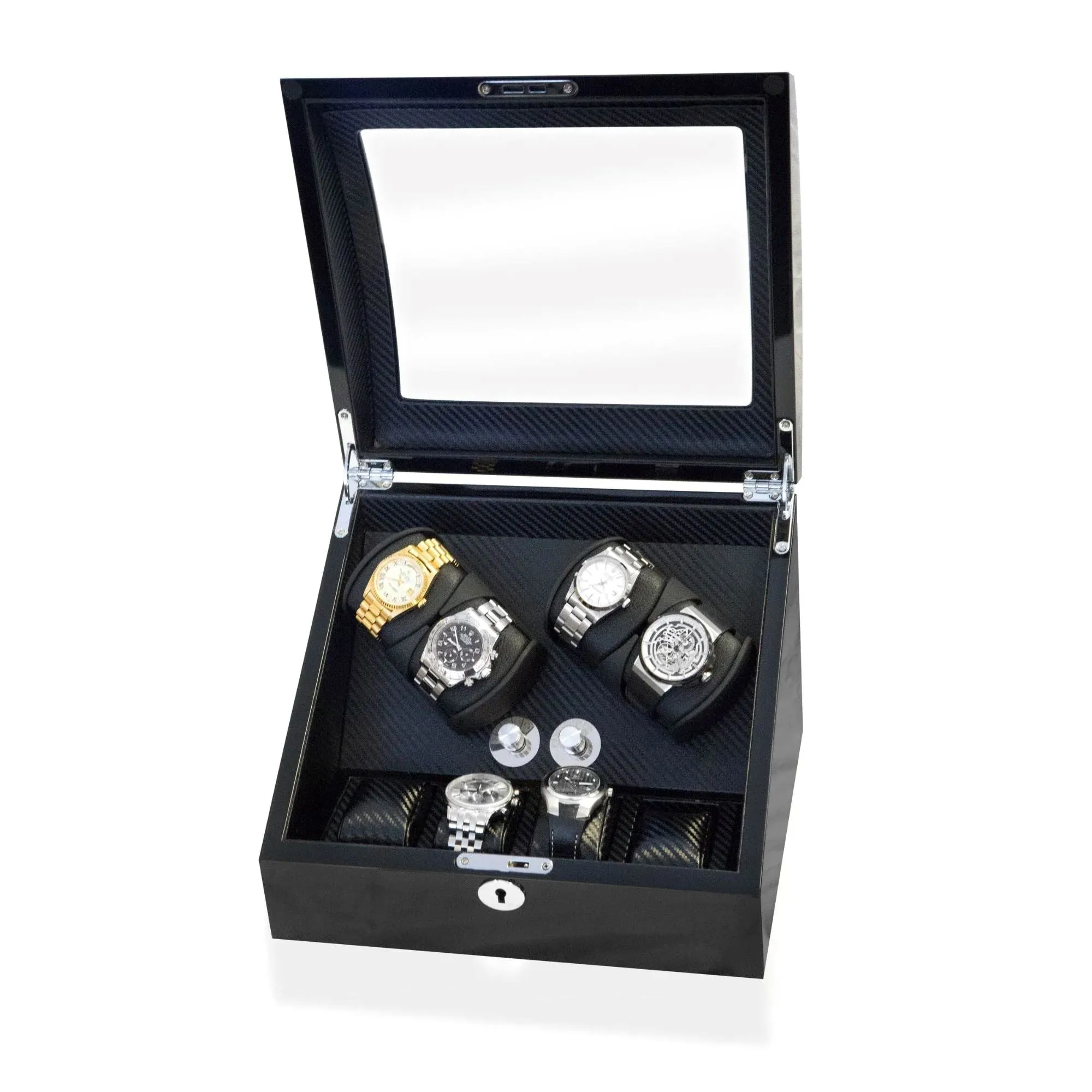 Seconds - Avoca Watch Winder Box 4   4 Watches in Black - Carbon Fibre Interior (e)