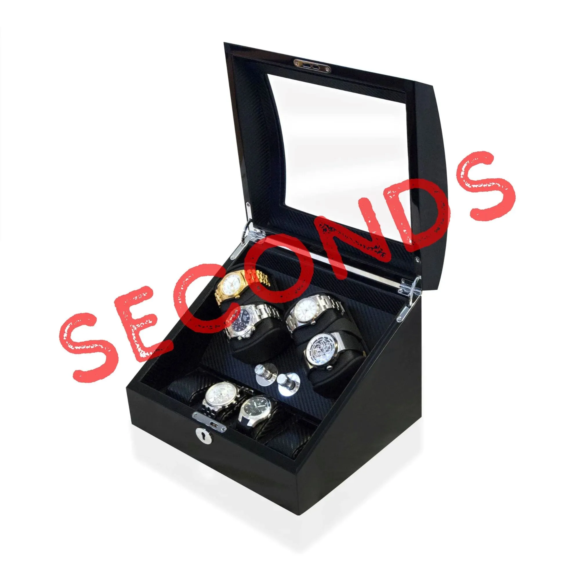 Seconds - Avoca Watch Winder Box 4   4 Watches in Black - Carbon Fibre Interior (e)