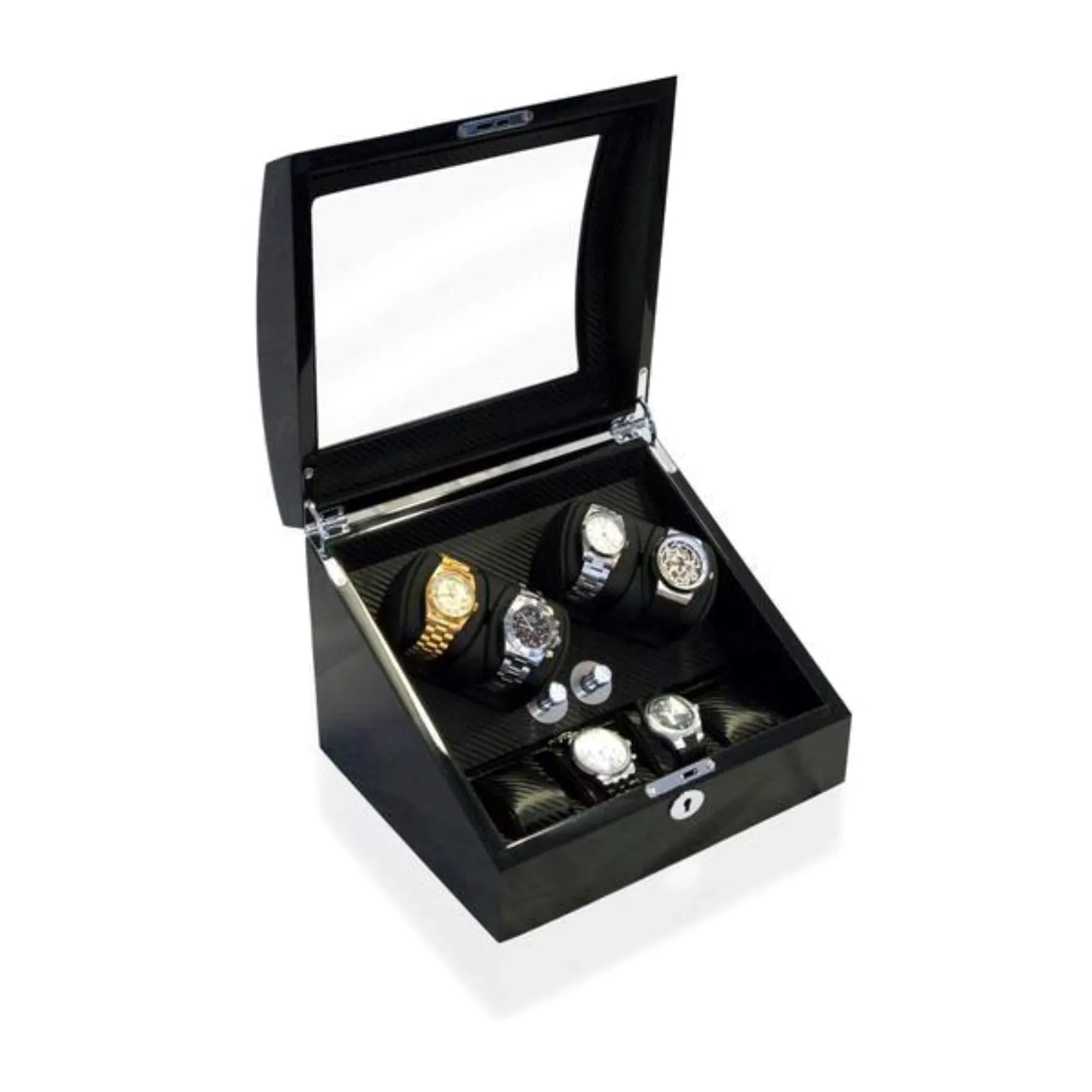Seconds - Avoca Watch Winder Box 4   4 Watches in Black - Carbon Fibre Interior (e)