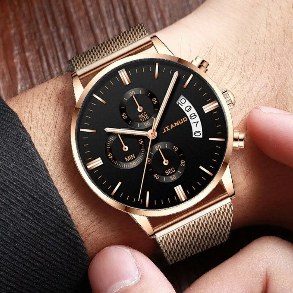 stylish men's calendar watches stainless mesh straps quartz watch ✈️ free.shipping