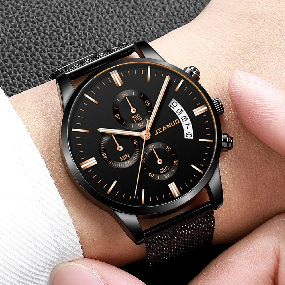 stylish men's calendar watches stainless mesh straps quartz watch ✈️ free.shipping
