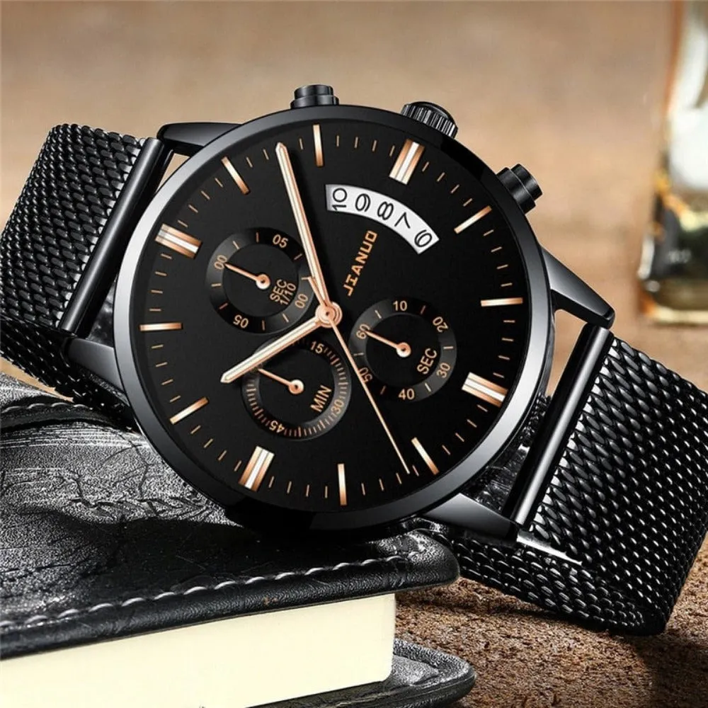 stylish men's calendar watches stainless mesh straps quartz watch ✈️ free.shipping