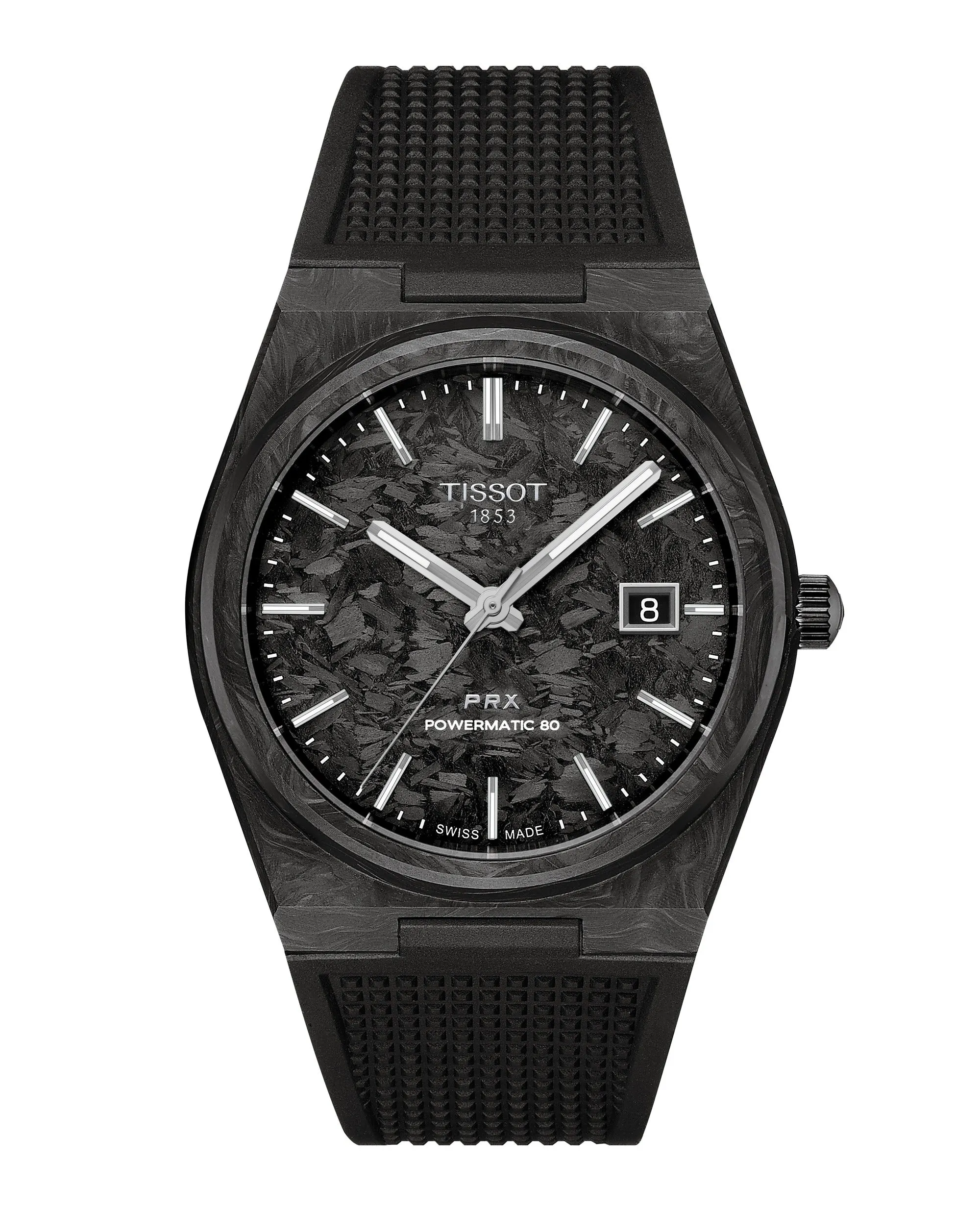Tissot 41mm PRX Carbon Automatic Watch with a Black Rubber Strap