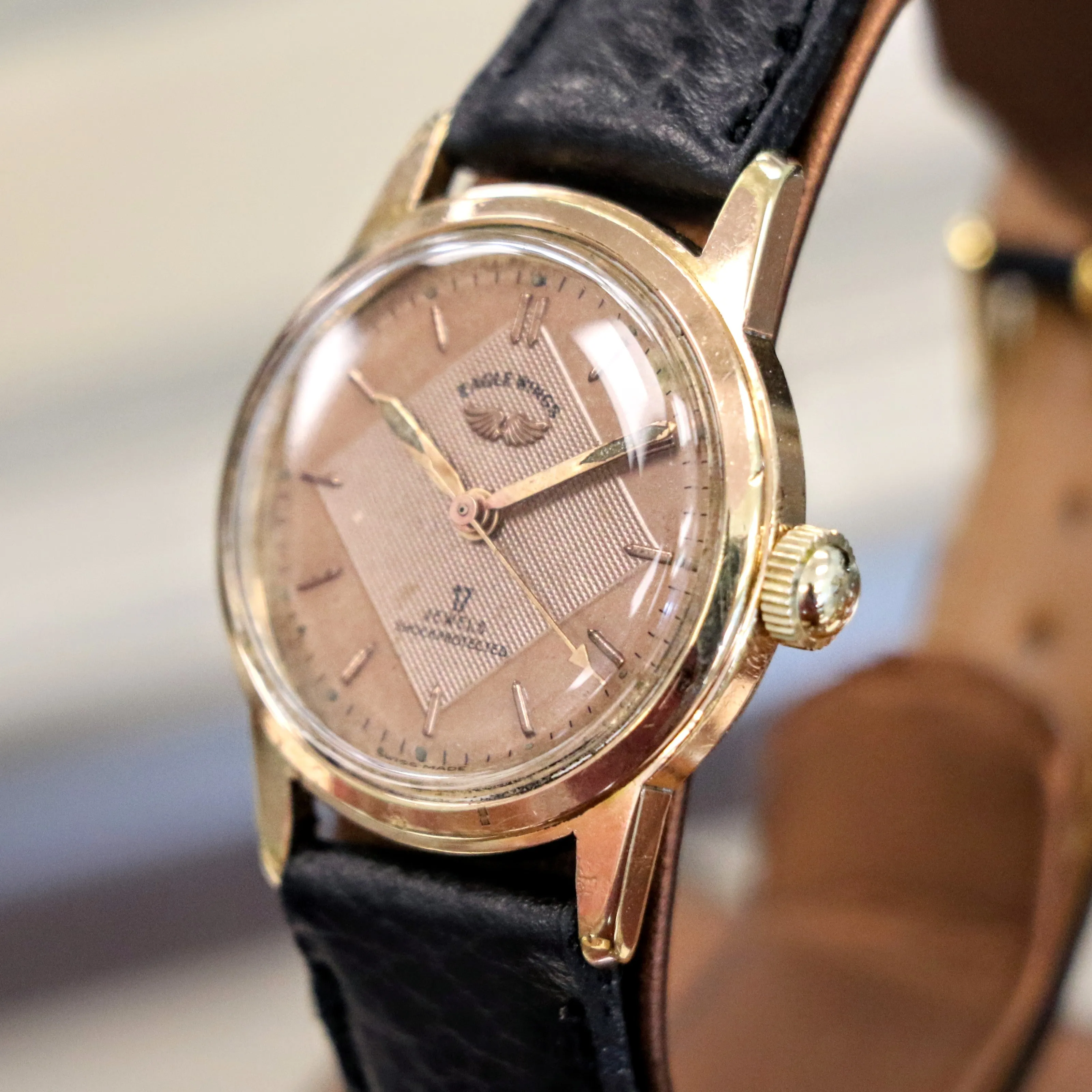 Vintage EAGLE WINGS Shockprotecter Watch 17 Jewels Cal. FE 8020 Rose Gold Tone Swiss Wristwatch