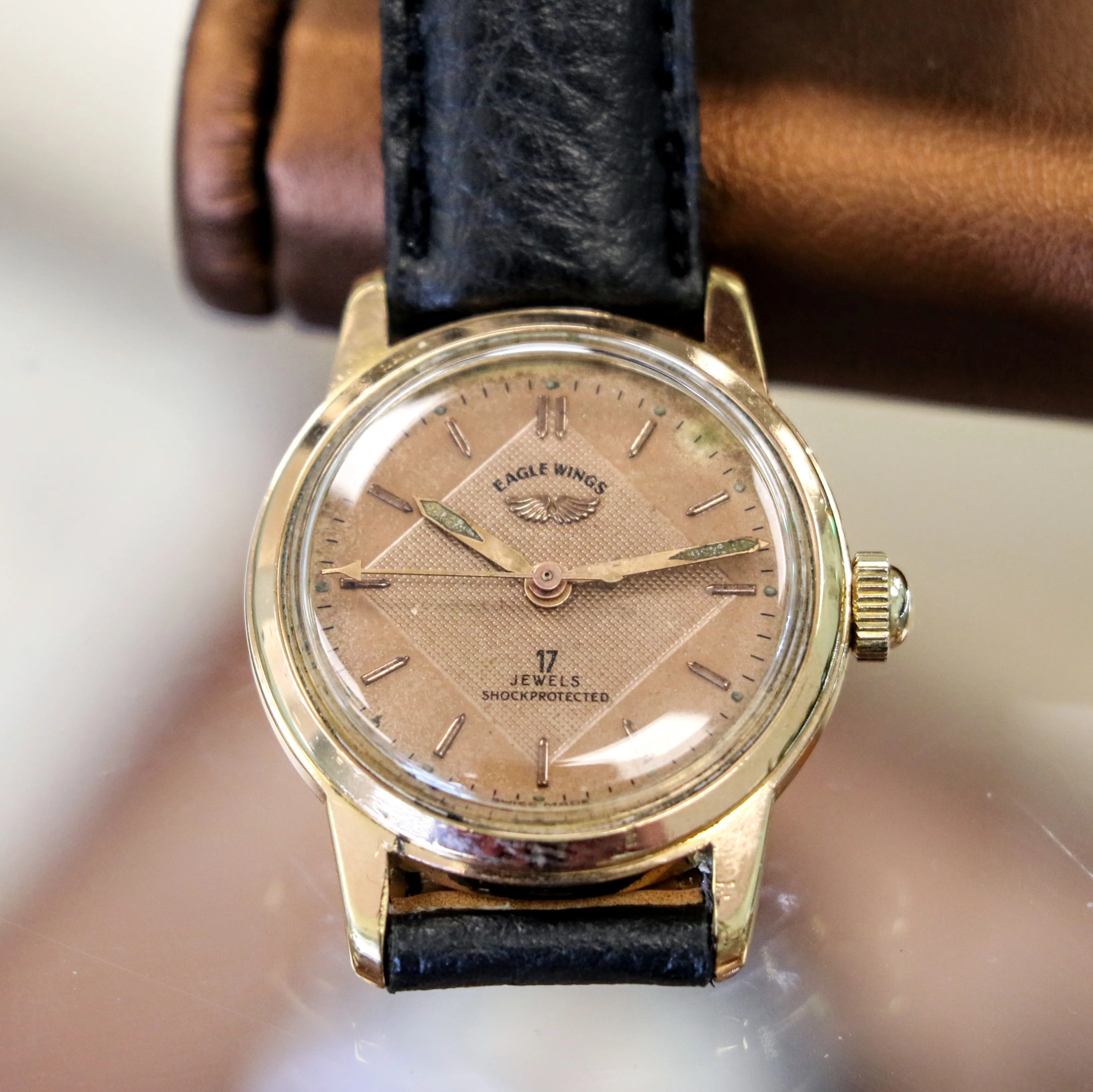 Vintage EAGLE WINGS Shockprotecter Watch 17 Jewels Cal. FE 8020 Rose Gold Tone Swiss Wristwatch
