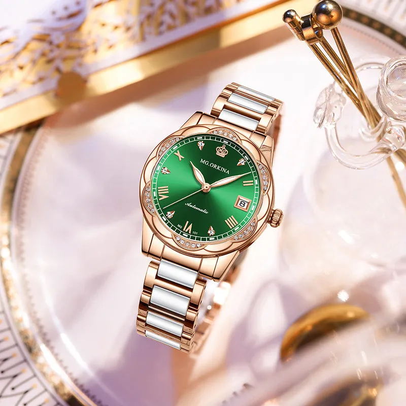 Women Ceramics Automatic Mechanical Calendar Shock Resistant Wristwatch