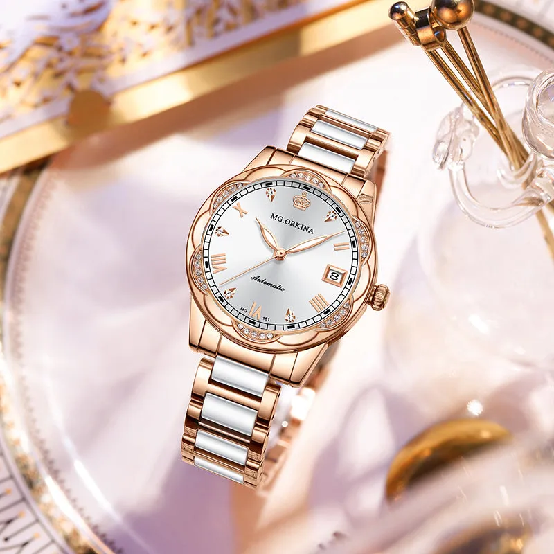 Women Ceramics Automatic Mechanical Calendar Shock Resistant Wristwatch