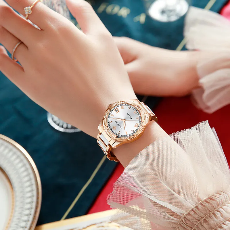 Women Ceramics Automatic Mechanical Calendar Shock Resistant Wristwatch