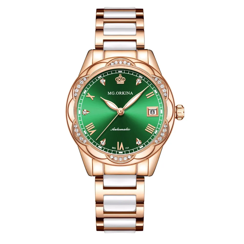 Women Ceramics Automatic Mechanical Calendar Shock Resistant Wristwatch