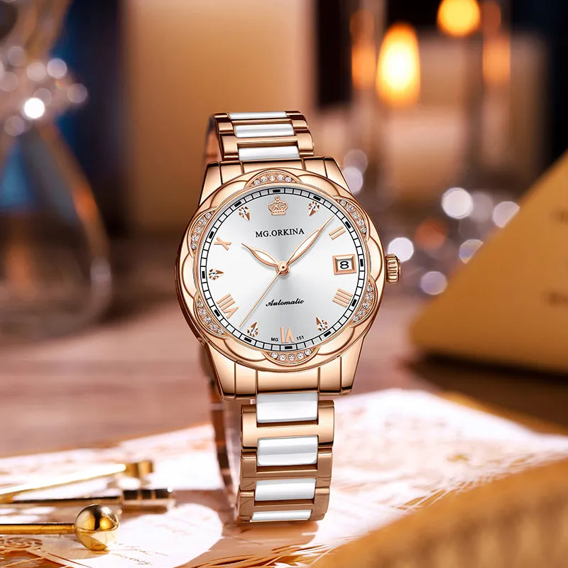 Women Ceramics Automatic Mechanical Calendar Shock Resistant Wristwatch