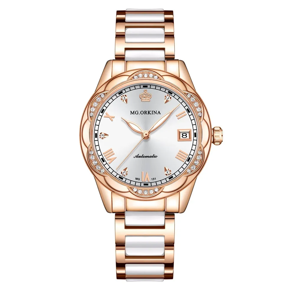 Women Ceramics Automatic Mechanical Calendar Shock Resistant Wristwatch