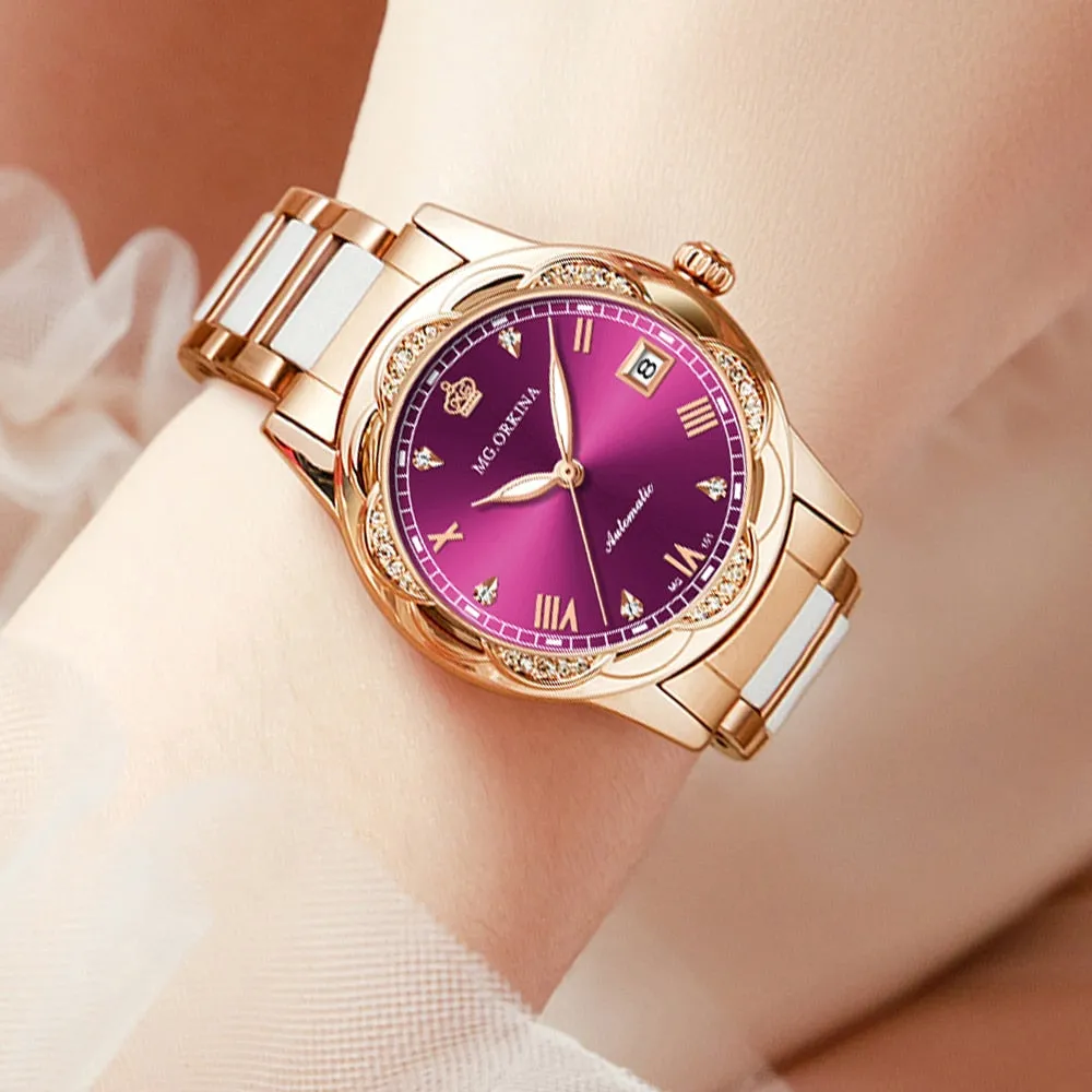 Women Ceramics Automatic Mechanical Calendar Shock Resistant Wristwatch