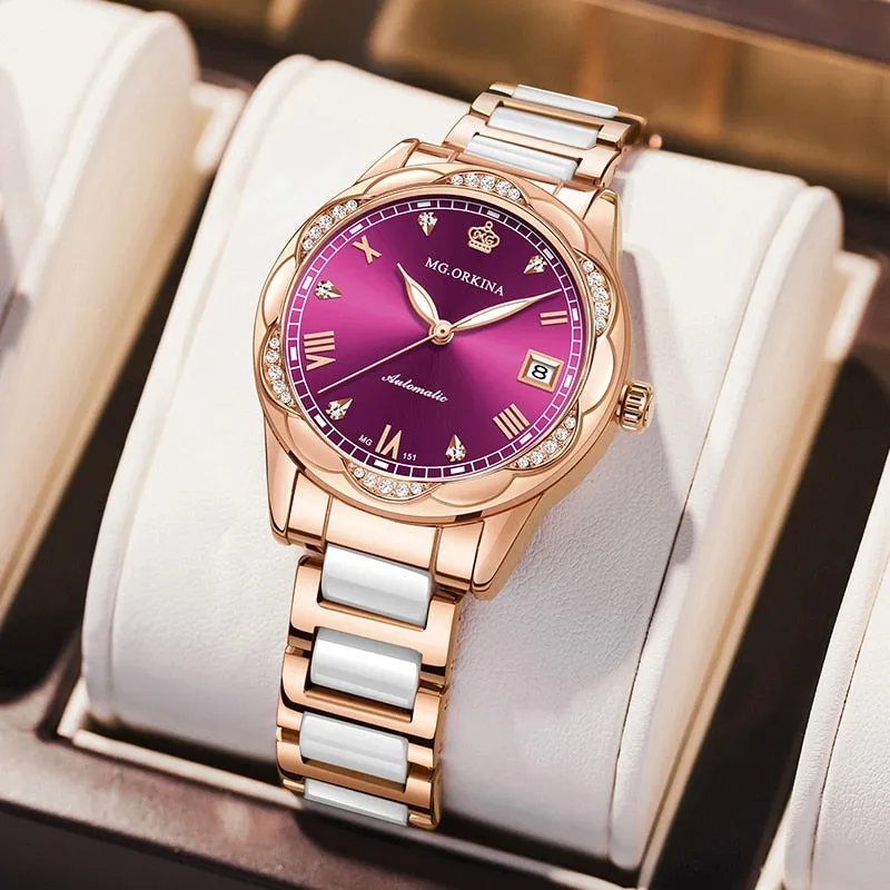Women Ceramics Automatic Mechanical Calendar Shock Resistant Wristwatch