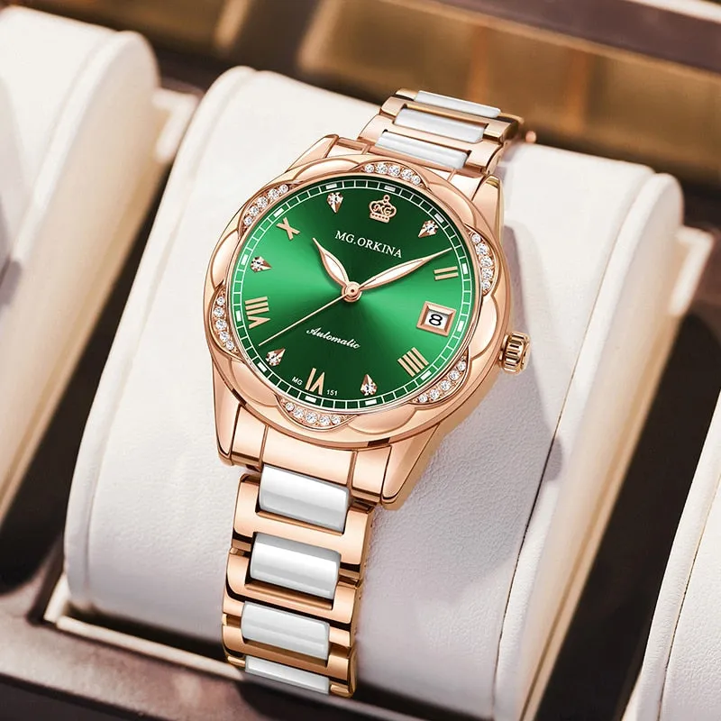 Women Ceramics Automatic Mechanical Calendar Shock Resistant Wristwatch