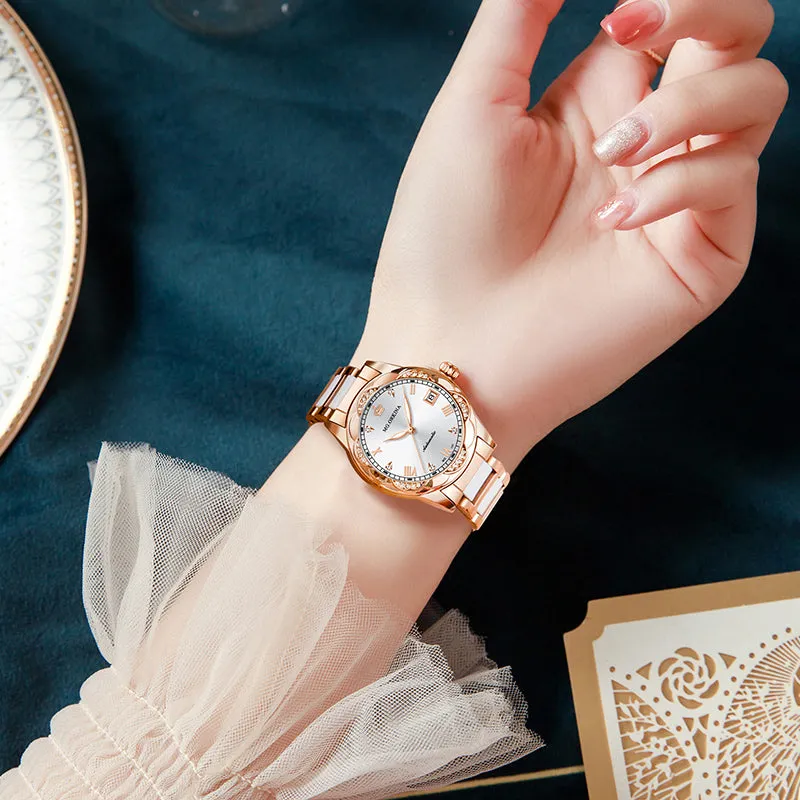 Women Ceramics Automatic Mechanical Calendar Shock Resistant Wristwatch