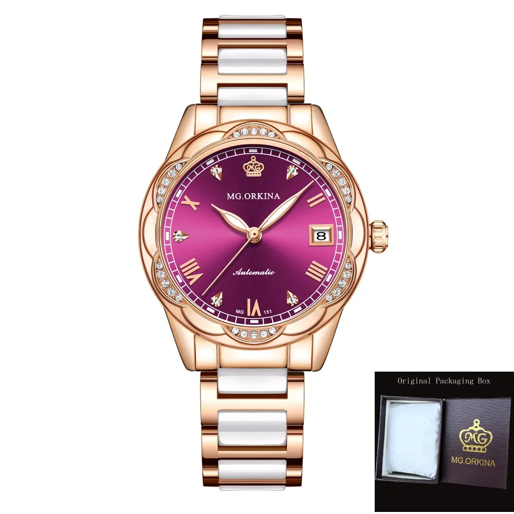Women Ceramics Automatic Mechanical Calendar Shock Resistant Wristwatch