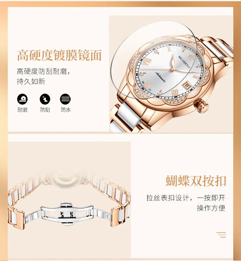 Women Ceramics Automatic Mechanical Calendar Shock Resistant Wristwatch