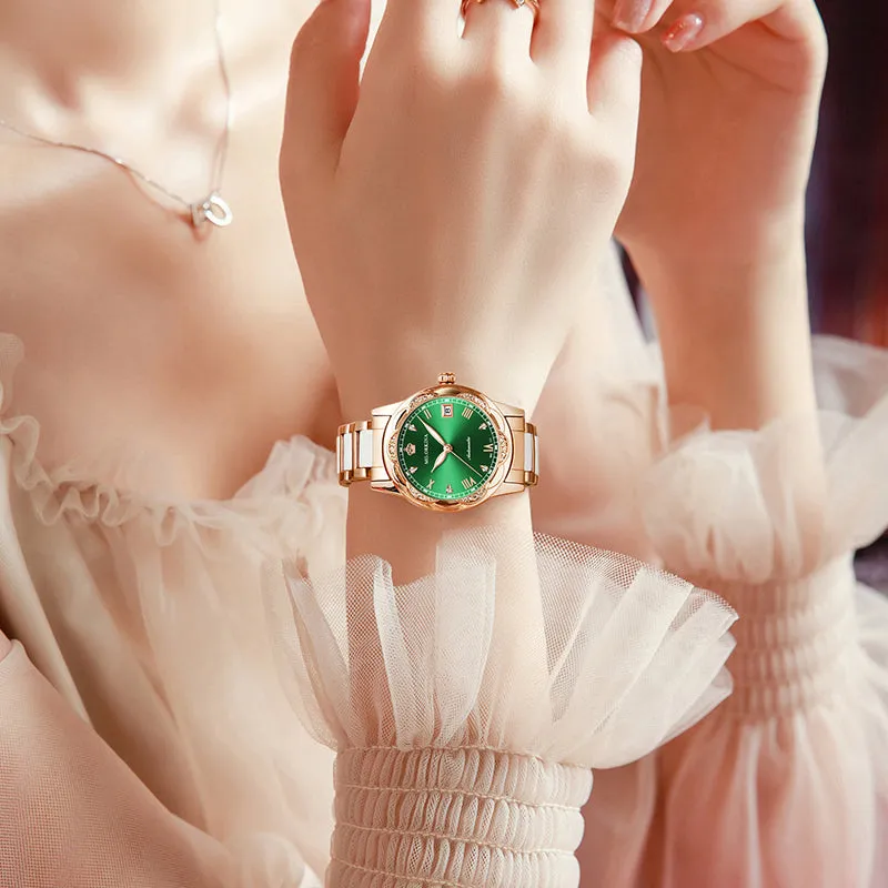 Women Ceramics Automatic Mechanical Calendar Shock Resistant Wristwatch