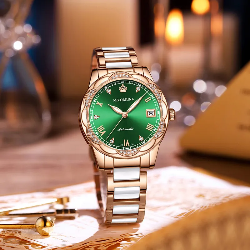 Women Ceramics Automatic Mechanical Calendar Shock Resistant Wristwatch