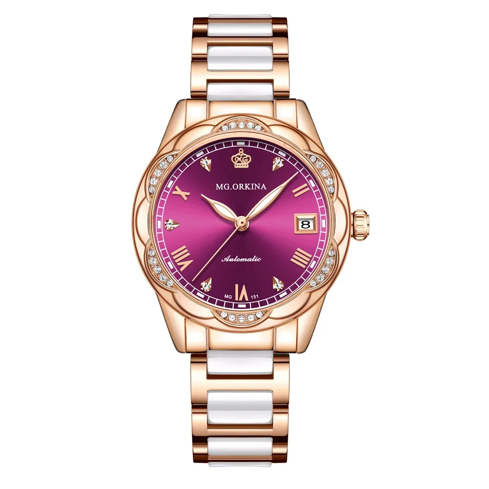Women Ceramics Automatic Mechanical Calendar Shock Resistant Wristwatch