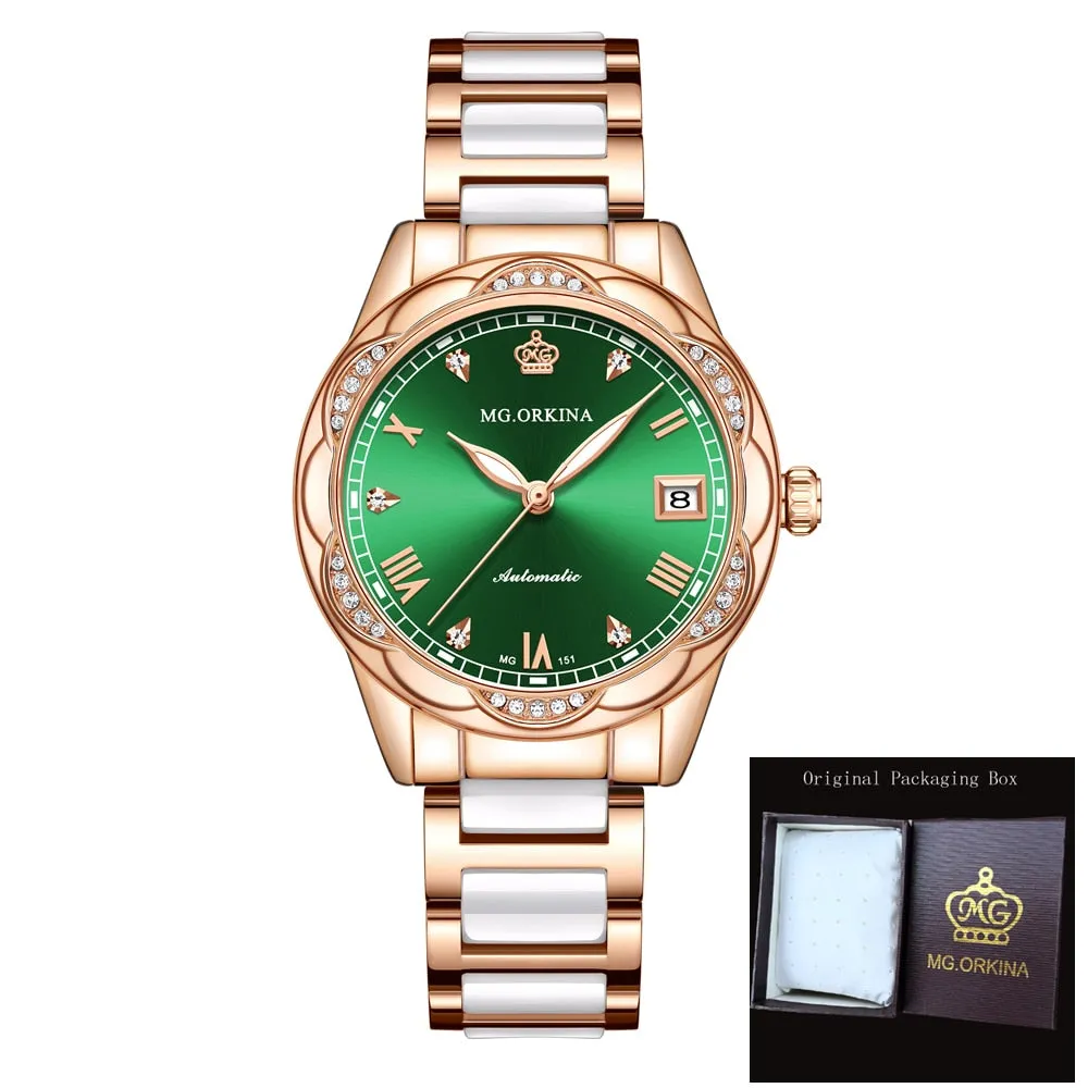 Women Ceramics Automatic Mechanical Calendar Shock Resistant Wristwatch