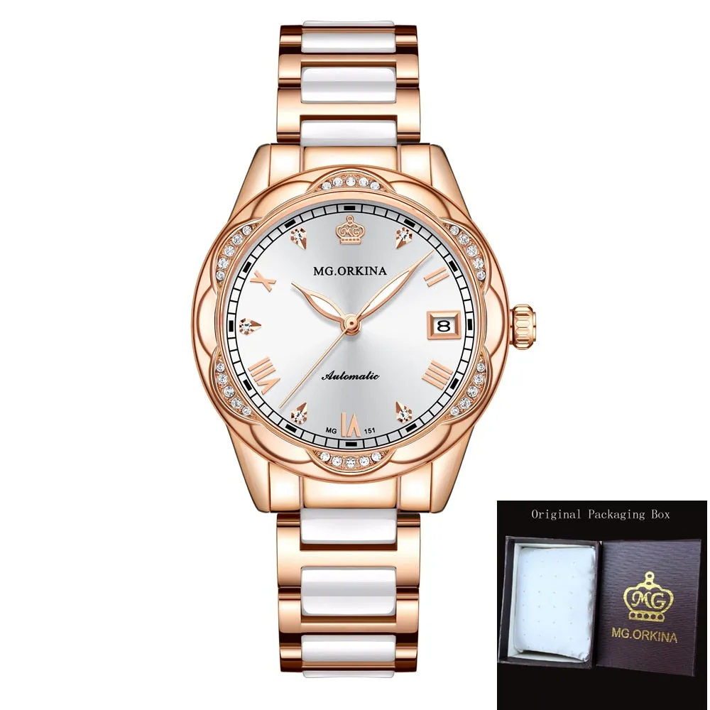 Women Ceramics Automatic Mechanical Calendar Shock Resistant Wristwatch